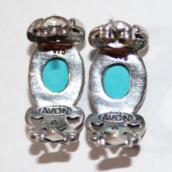 Vintage Sterling Silver Avon Faux Turquoise Half Hoop Earrings - Picture 2 of 6